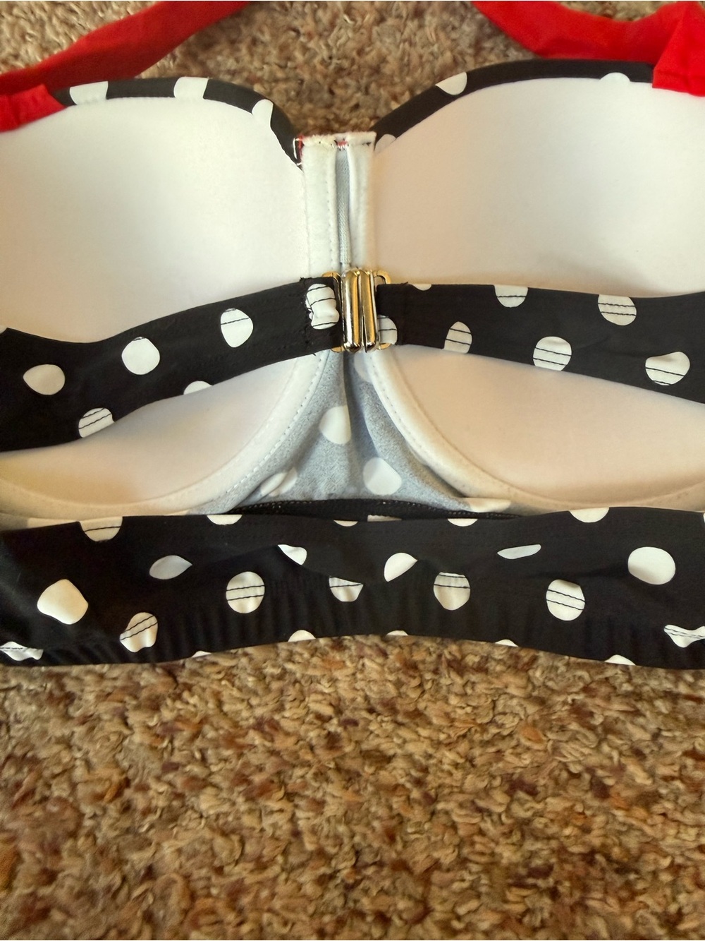 Retro Polka Dot Bikini Top with High-Waist Red Bottoms - Picture 3 of 3